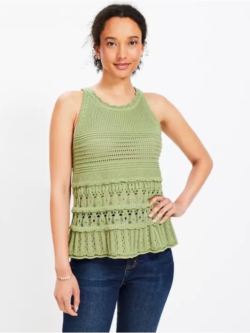 LOFT NWT Sage Green Crocheted Tiered Knit Ruffle Tank 3709